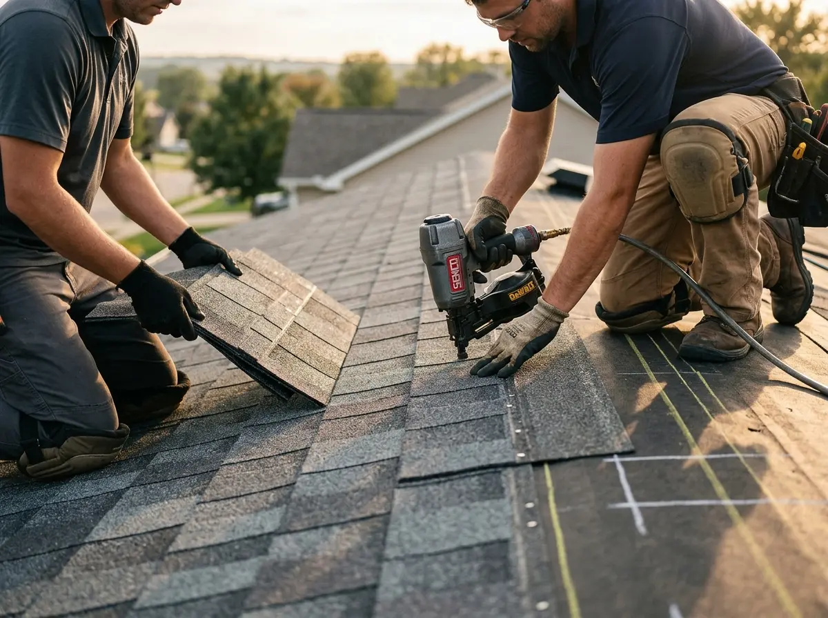 Professional roofer working on a residential roof in Spartanburg